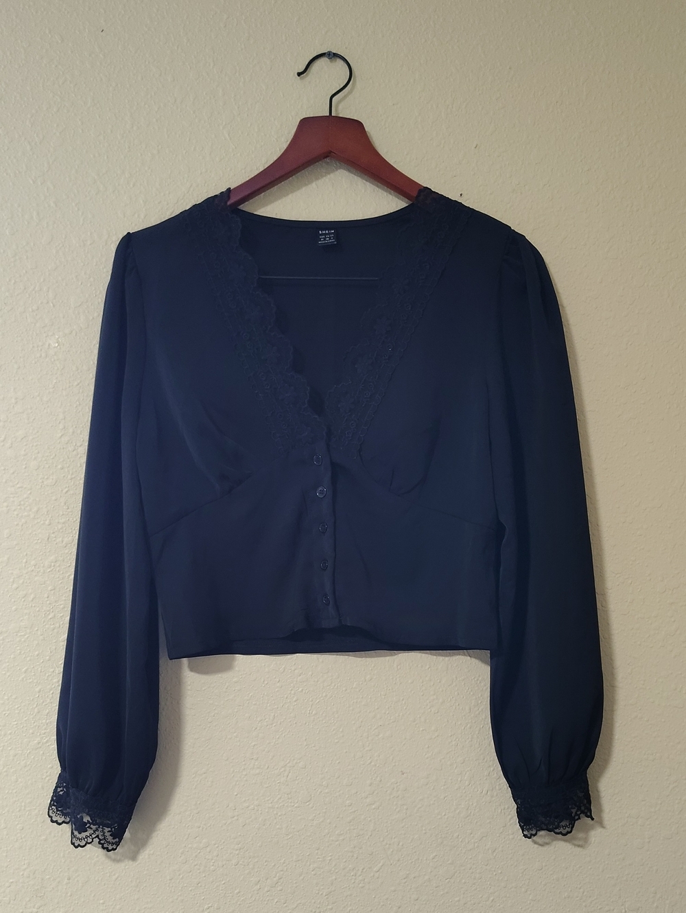 Babydoll Satin Lacey Long Sleeve Button Crop Top Size M Black Grunge Whimsigoth